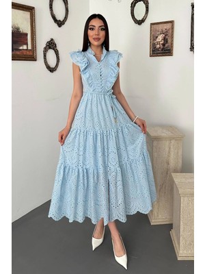 Moda Days Kadın Kahverengi Fırfırlı Düğmeli Elbise
