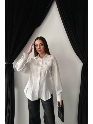 Moda Days Kadın Beyaz Gömlek Yaka Uzun Kollu Kapak Cepli Pileli Düğmeli Dokuma Gömlek