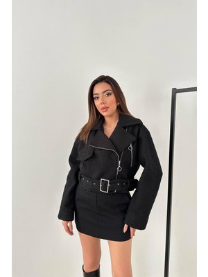 Moda Days Kadın Siyah Kısa Biker Kaban Kuşgözü Dokulu Fermuarlı Kemerli Ceket Yaka