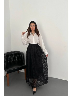 Moda Days Kadın Siyah Uzun Dantel Etek Lastikli Bel Astarlı A Kesim Davet Stili