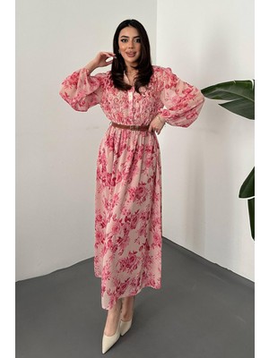 Moda Days Kadın Pembe Çiçek Desenli Biyeli Gömlek Yaka Düğmeli Uzun Kollu Midi Elbise