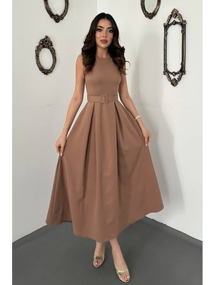 Moda Days Kadın Hardal Halter Yaka Kloş Elbise