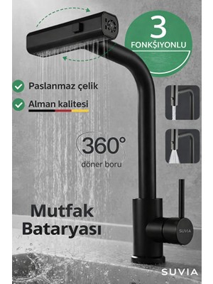 Suvia Mutfak Bataryası 3 Fonksiyonlu 360° Döner Uzatmalı Musluk Paslanmaz Çelik Çekmeli Duş Başlıklı