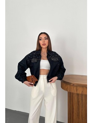 Moda Days Kadın Mavi Taş Aksesuarlı Crop Denim Ceket Gömlek Yakalı Fermuarlı