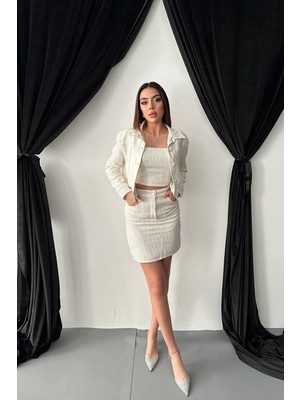 Moda Days Kadın Ekru Ceket-Etek Takım Üçlü Ceket Etek Takım Deri Garnili Crop Bluzlu Mini Düğmeli