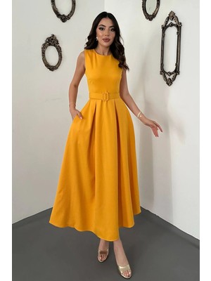 Moda Days Kadın Hardal Halter Yaka Kloş Elbise