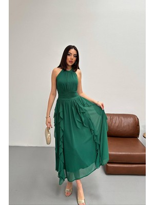 Moda Days Kadın Zümrüt Maxi Elbise Halter Yaka Büzgülü Fırfır Detaylı Astarlı