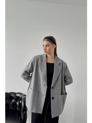 Moda Days Kadın Gri Çizgili Oversize Blazer Ceket Yaka Düğmeli Cepli Uzun Kollu Ceket