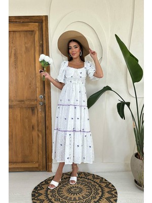 Moda Days Kadın Lila Brode Işlemeli Kare Yaka Balon Kollu Kuşaklı Katlı Midi Elbise
