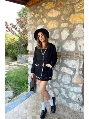 Moda Days Kadın Siyah Süet Ceket Çizgi Garnili Astarlı Düğmeli Cepli Klasik Yaka