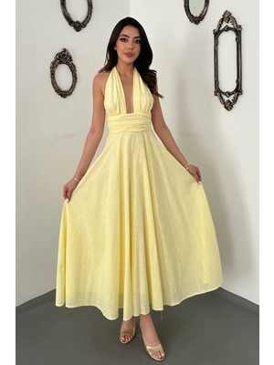 Moda Days Kadın Sarı Askılı Keten Elbise