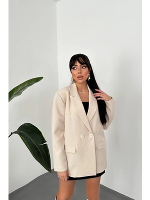 Moda Days Kadın Bej Kruvaze Blazer Ceket Ceket Yaka Uzun Kollu Kapak Cepli Düz Dokuma