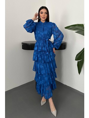Moda Days Kadın Saks Elbise Hakim Yaka Çiçek Desenli Kuşaklı Kat Kat Volanlı Midi