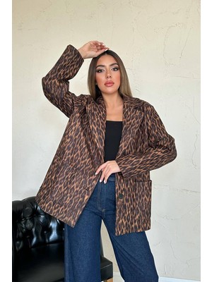 Moda Days Kadın Leopar Desenli Düğmeli Cepli Ceket Yaka Uzun Kollu Dokuma Ceket