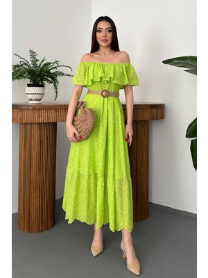 Moda Days Kadın Yağ Yeşili Omzu Açık Brode Maxi Elbise Volanlı Yaka Kloş Kesim Pamuklu