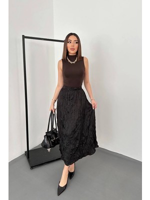 Moda Days Kadın Siyah Kraş Dokulu Beli Lastikli A Kesim Midi Etek