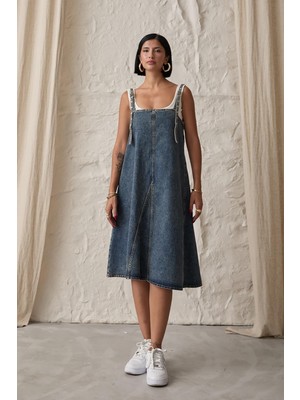 Moda Days Kadın Mavi Kot Elbise Askı Aparatlı Kare Yaka A Kesim Midi Denim Jile