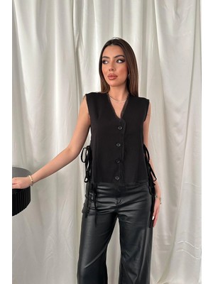Moda Days Kadın Siyah Düğmeli Yan Bağcıklı V Yaka Kolsuz Dokuma Yelek