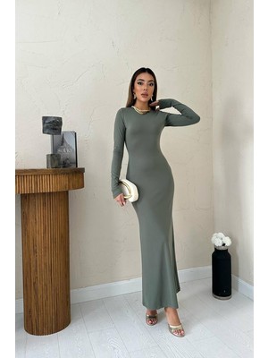 Moda Days Kadın Haki Uzun Bodycon Elbise Bisiklet Yaka Uzun Kollu Düz Kesim