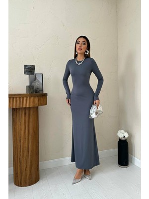 Moda Days Kadın Gri Uzun Bodycon Elbise Bisiklet Yaka Uzun Kollu Düz Kesim