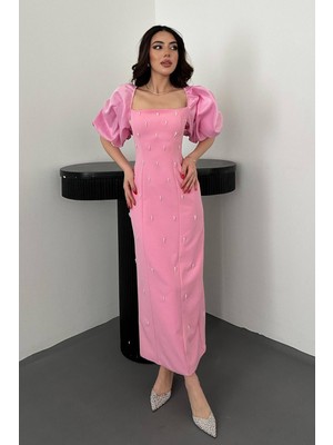 Moda Days Kadın Pembe Elbise Midi Kare Yaka Balon Kollu Boncuk Işlemeli Kalem Kesim