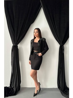 Moda Days Kadın Siyah Ceket-Etek Takım Üçlü Ceket Etek Takım Deri Garnili Crop Bluzlu Mini Düğmeli