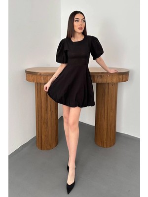 Moda Days Kadın Siyah Mini Elbise Balon Kollu Arkadan Bağlamalı Büzgülü Etekli