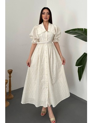 Moda Days Kadın Ekru Maxi Brodeli Bebe Yaka Balon Kollu Kemerli Pamuk Elbise