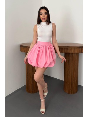 Moda Days Kadın Pembe Mini Balon Etek Yüksek Belli Büzgülü Astarlı Pamuk Poplin