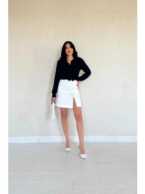 Moda Days Kadın Ekru Mini Etek Yırtmaçlı Gül Detaylı Yüksek Bel Düz Şık Tasarım