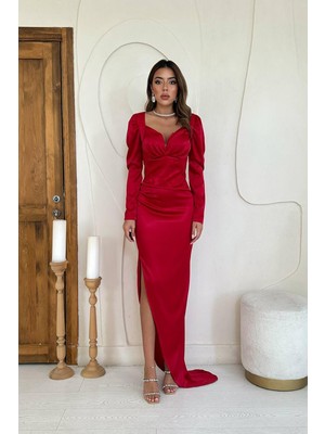 Moda Days Kadın Kırmızı Elbise Kuplu Kalp Yaka Yırtmaçlı Uzun Kollu Maxi Davet
