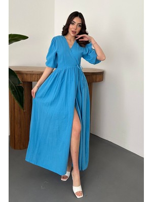 Moda Days Kadın Mavi Kruvaze Yaka Kuşaklı Balon Kollu Yırtmaçlı Müslin Maxi Elbise