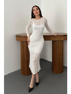 Moda Days Kadın Beyaz Uzun Kollu Astarlı Dantel Vücuda Oturan Maxi Davet Elbisesi