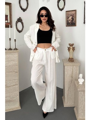 Moda Days Kadın Beyaz Ceket Pantolon Takım Oversize Dokulu Düğmeli Geniş Paça