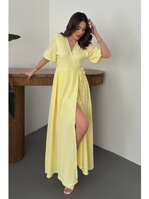 Moda Days Kadın Sarı Kruvaze Yaka Kuşaklı Balon Kollu Yırtmaçlı Müslin Maxi Elbise