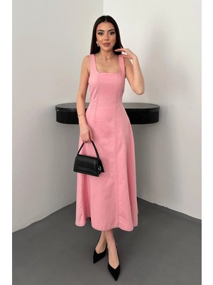 Moda Days Kadın Pembe Gabardin Midi Elbise Kare Yaka Kalın Askılı Çift Dikişli Bele Oturan