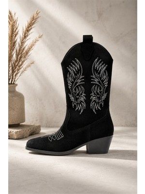 M&B COLLECT Kadın Clind Siyah Süet Nakişlii Western Kovboy Bot & Çizme