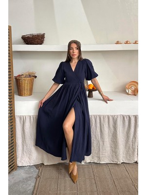 Moda Days Kadın Lacivert Kruvaze Yaka Kuşaklı Balon Kollu Yırtmaçlı Müslin Maxi Elbise