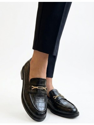 Shoemix Kadın Siyah Kroko Desenli Cilt Loafer Ayakkabı-Altın Tokalı Günlük Ayakkabı - Okul Ayakkabısı