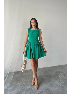 Moda Days Kadın Yeşil Kolsuz Kayık Yaka Büzgülü Kloş Etekli Mini Keten Elbise