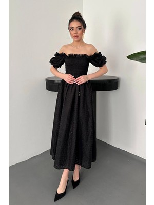 Moda Days Kadın Siyah Gipeli Brode Midi Elbise Kare Yaka Balon Kol Bağcıklı A Kesim