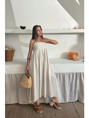 Moda Days Kadın Bej Askılı Kare Yaka Pileli A Kesim Maxi Dokuma Yazlık Elbise
