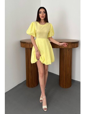 Moda Days Kadın Sarı Mini Elbise Balon Kollu Arkadan Bağlamalı Büzgülü Etekli