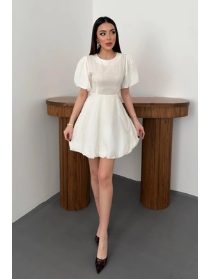 Moda Days Kadın Beyaz Mini Elbise Balon Kollu Arkadan Bağlamalı Büzgülü Etekli