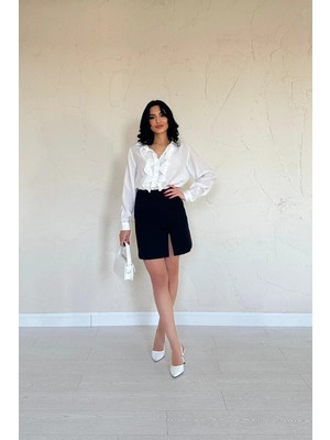 Moda Days Kadın Siyah Mini Etek Yırtmaçlı Gül Detaylı Yüksek Bel Düz Şık Tasarım