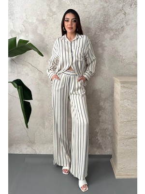Moda Days Kadın Mavi Alt - Üst Takım Çizgili Saten Gömlek Pantolon Takım Lastikli Bel Geniş Paça