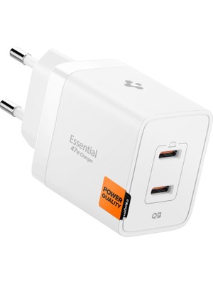 TeknoKapsül Spigen 47W Usb-C 2 Port Mini Hızlı Şarj Aleti Pps 2.0 Super Hızlı Şarj Gan Pro Isı Düşürücü Güç Adaptörü Akım Koruma iPhone & Android & iPad & MacBook Type-C Beyaz - ACH08707 (Spigen Tr Garantili)