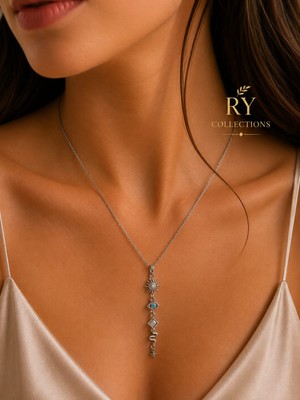Ry Collections Yonca ve Kare Model Zirkon Taş Detaylı Y Model Gümüş Çelik Kolye
