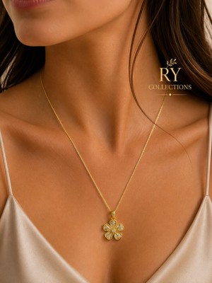 Ry Collections Zirkon Taş Detaylı Yonca Gold Çelik Bayan Kolye