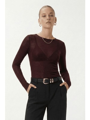 Ritnice Kadın Scarlet Yarı Transparan Kayık Yaka Ultra Hafif Bordo Örme Bluz